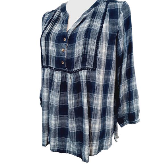 WRANGLER Boho Peasant Top Blouse Flowy Small Plaid Yoke Crochet Blue Casual - Picture 2 of 8